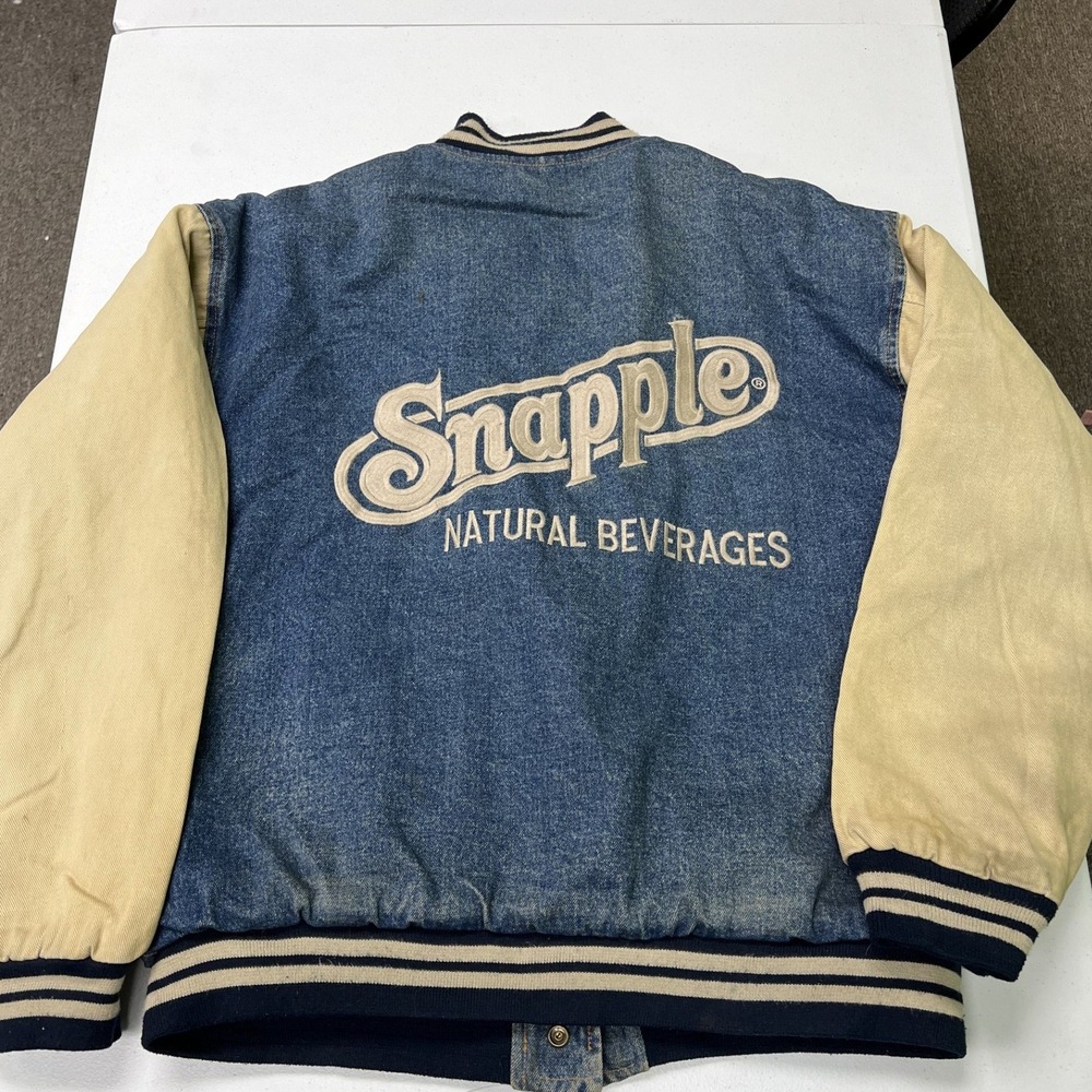 MV Sport Varsity Jacket Mens M Blue Snapple Denim Quilted Vintage 90s Letterman